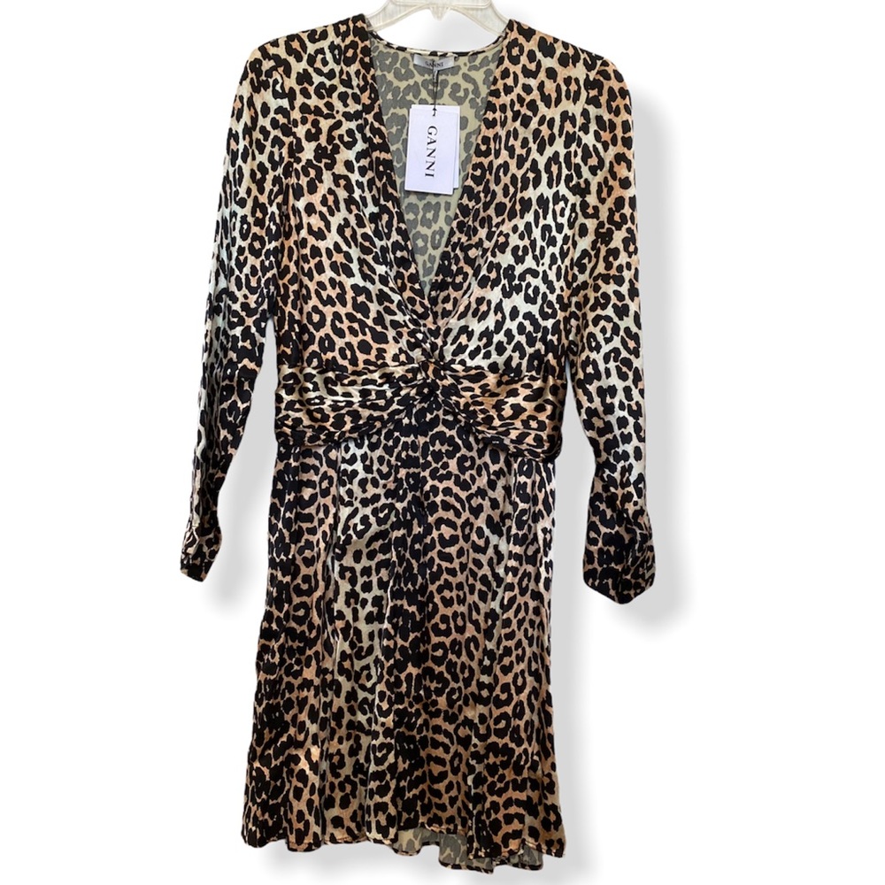 Ganni Cameron Leopard Print Twist Front Mini Dress